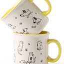 AmorArc 22 OZ Large Ceramic Coffee Mugs Set of 2, Oversized Mugs With Big Handle for Men Women Dad Mom, Big Mug With Textured Dogs Cats Patterns for Office & Home -Microwave Safe, 2 Pcs-Yellow