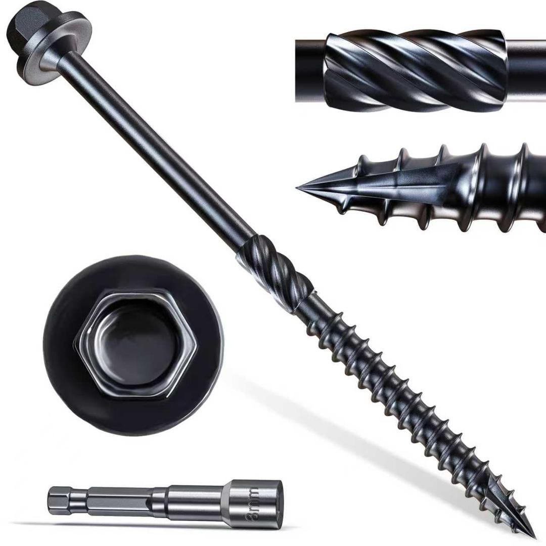 #14 x 4 Wood Structural Screws 50 Pcs, Exterior Hex-Head Lag Screws, Black Heavy Duty Construction Timber Log Landscaping Wood Screws, 5/16 Hex Socket Included