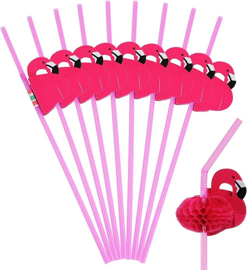 ALINK 50 Pink Flamingo Straws, Plastic Drinking Straws for Luau Party Supplies/Hawaiian/Birthday/Pool Party Decorations