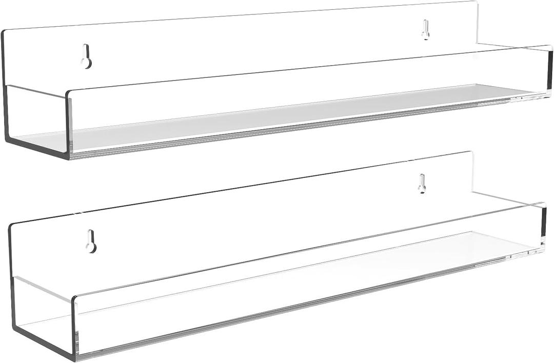 Clear Acrylic Floating Shelves Wall Mounted 15 Inch Invisible Kids Bookshelf Figurine Display Shelf Spice Rack for Office Bathroom Kitchen (2 Pack)