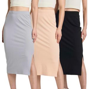 Real Essentials 3 Pack: Women's Midi Ribbed Knit Skirt with Side Slit - Stretchy Work Business Casual Pencil Pull-On Skirts (M)