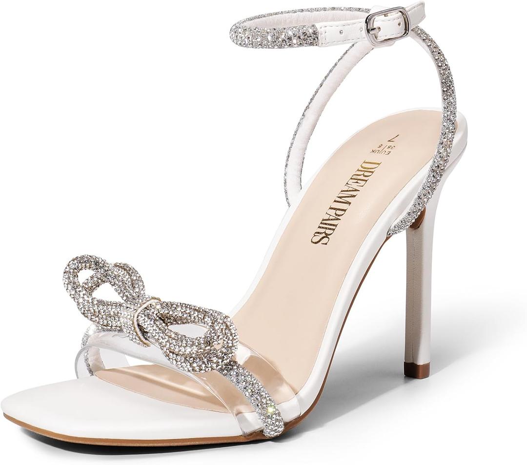 DREAM PAIRS Women's Double Bowknots Crystal Sandals Clear Slingback Heels Square Toe Shoes for Party Wedding (6, White)