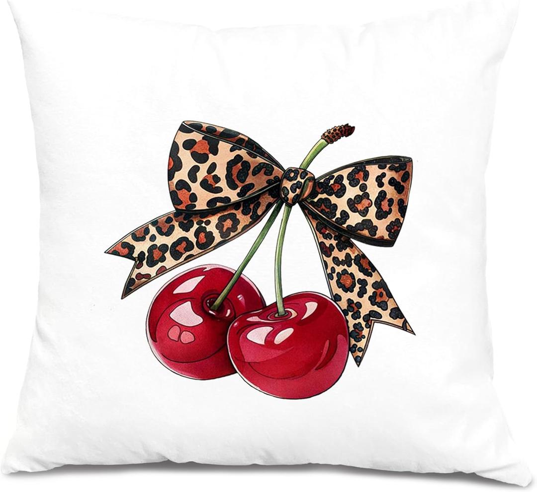 Trendy Leopard Cherry Pillow Covers 18x18, Coquette Girly Room Decor, Preppy Cheetah Print Bow Funky Cherry Decorative Throw Pillow Covers for Girls Bedroom Dorm Apartment Home (Colour 03)