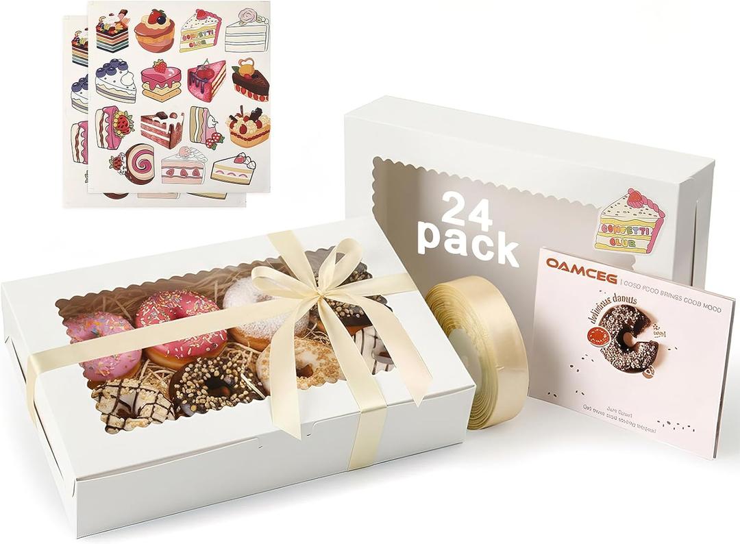 OAMCEG 24 Pack Cookie Boxes with Window, 12x8x2.5 Inch Bakery Treat Boxes for Christmas Holiday Gift Giving, Desserts, Donuts, Pastries-White