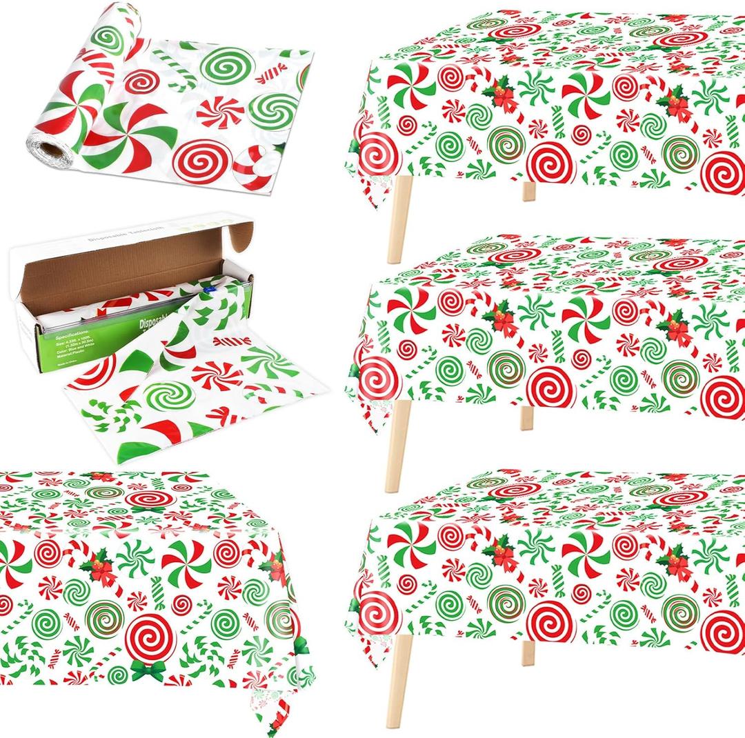 Christmas Candy Cane Tablecloth Roll with Cutter Box Disposable Red and Green Candies Table Cloth Candy Lollipops Plastic Table Cover for Winter Christmas Party Holiday Decor 100 Ft x 51 Inch