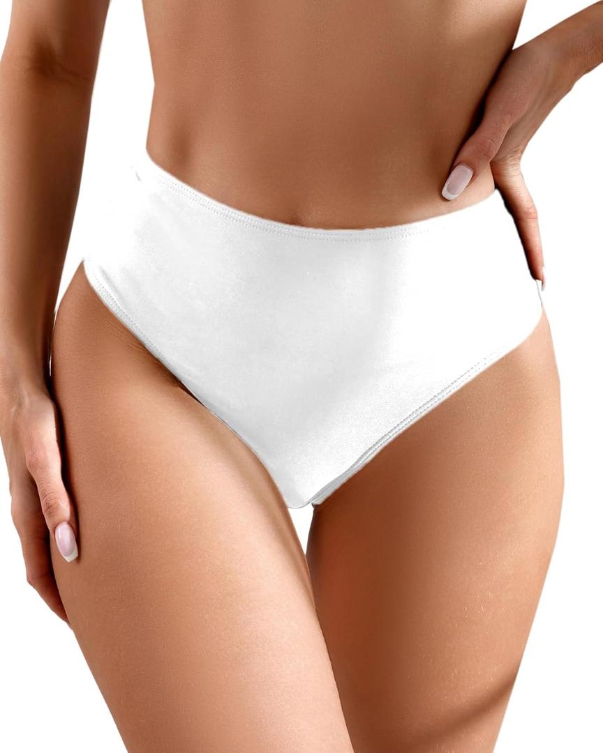Women's Sexy High Waisted Ruched Back Cheeky Thong Bikini Swimsuit Bathing Suit Bottoms (White) Medium