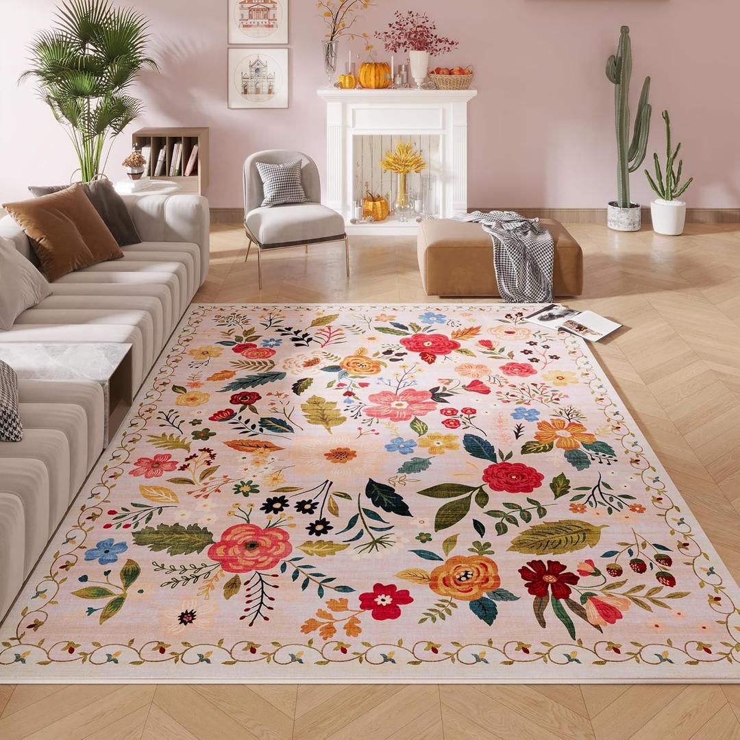 Living Room Rug 5x7 Rug Machine Washable Boho Area Rug Non Slip Floral Vintage Low Pile Large Rugs for Living Room, Bedroom, Farmhouse, Dining Room, Kids Playroom(Beige)