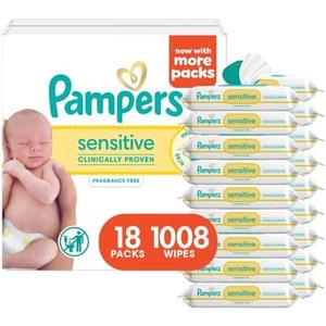 Pampers Sensitive Baby Wipes, Water Based, Hypoallergenic and Unscented, 18 Flip-Top Packs (1008 Wipes Total) 