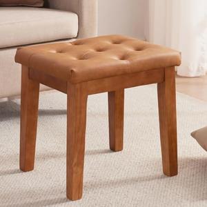 MILCIL Upholstered Ottoman Stool with Padded Seat, Tufted Vanity Stool with Solid Wood Legs, Accent Stools, Faux Leather Cognac Brown