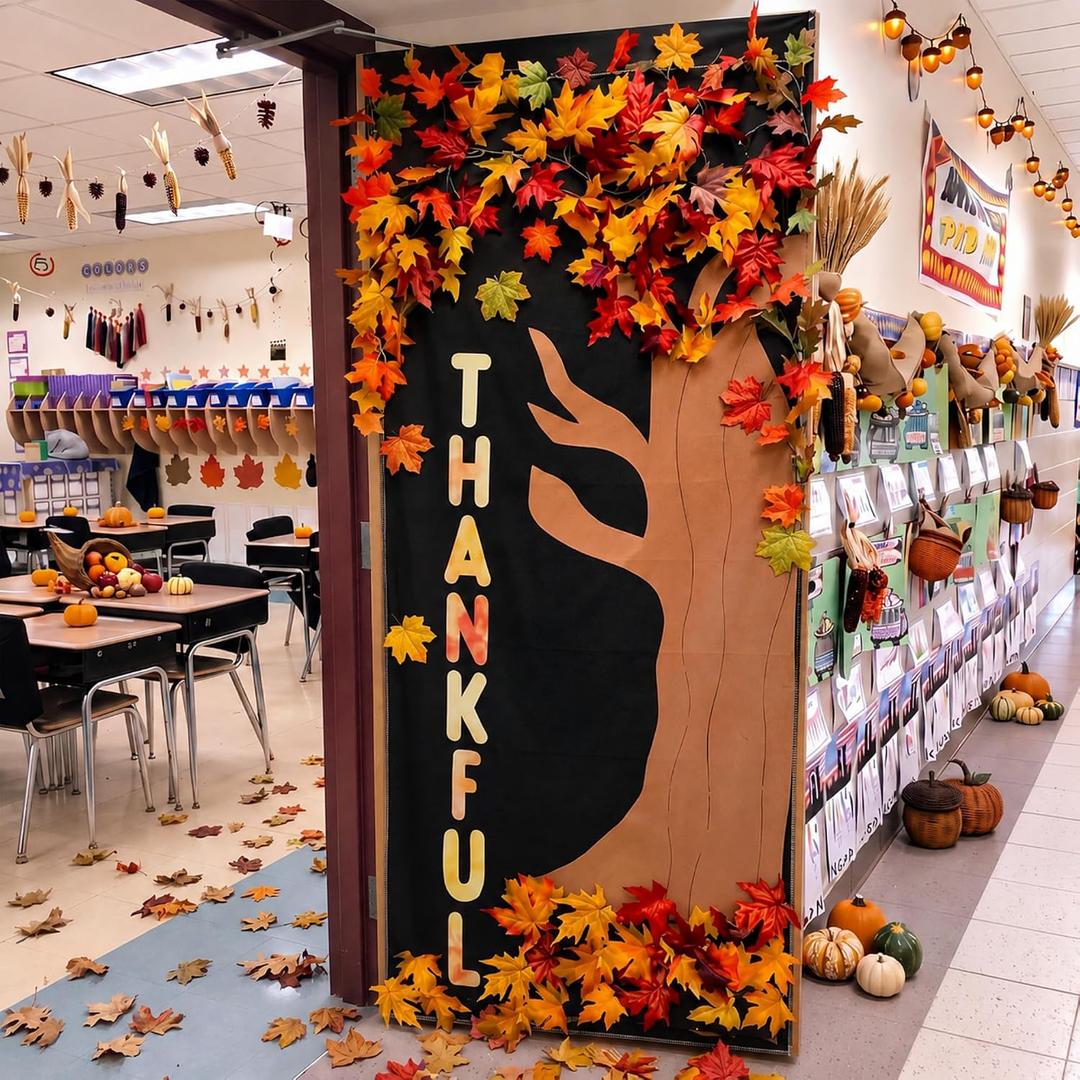 Irenare 8 Pcs 71 Inch Fall Classroom Decor, Thankful Maple Tree Door Cover