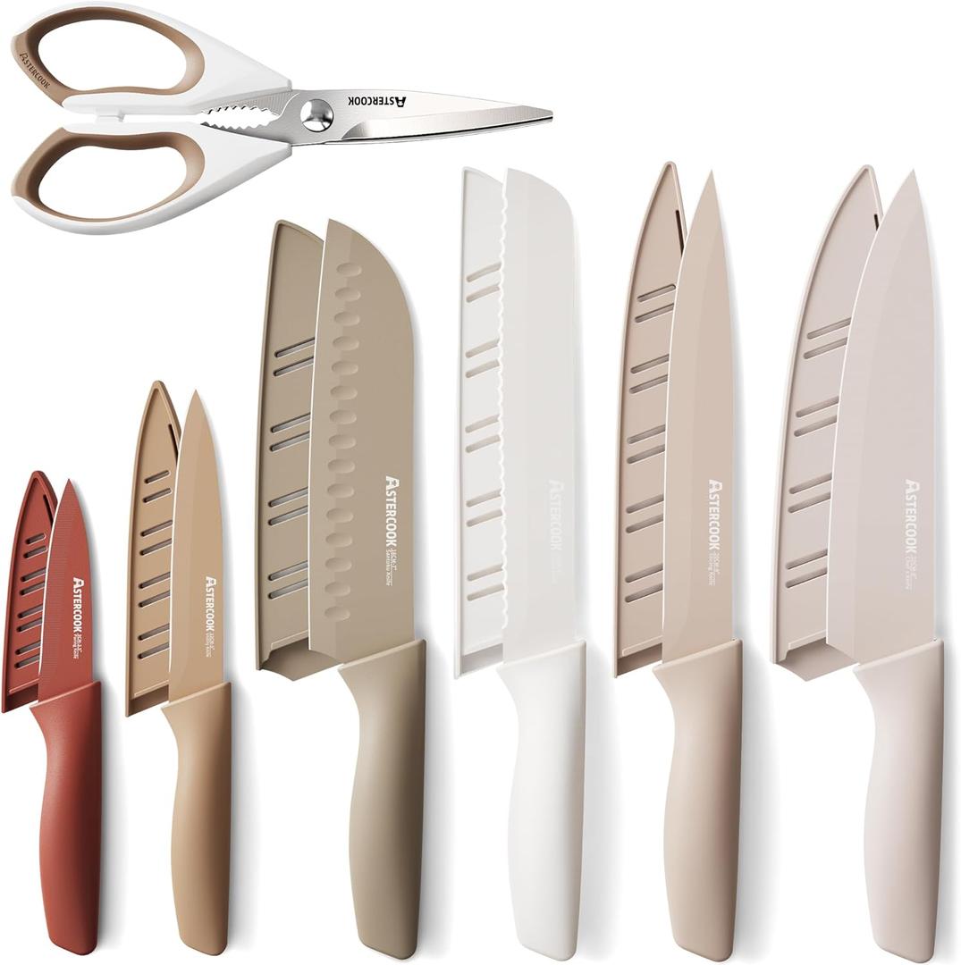 Astercook Knife Set, 13 Pieces Kitchen Knives Set with Healthy Anti-Rust Coating, Dishwasher Safe, Stainless Steel Chef Knife Sets with 6 Blade Guards, Perfect Holiday Gifts for Kitchen (Large, Cream)