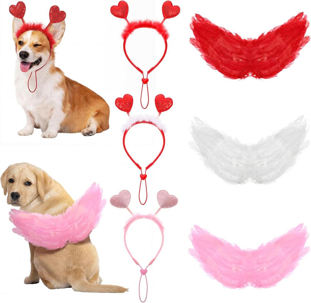 6 Pcs Valentine's Day Dog Sweet Outfits Set Angel Costume with Wings, Heart Headbands Love Themed Dog Outfits for Valentine's Party Decorations