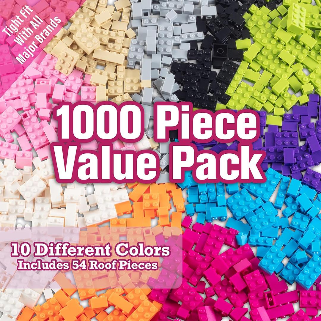 1000 Pieces Friends Pastel Building Block Bricks - 10 Colors, 9 Shapes & 54 Roof Pcs - Compatible & Tight Fit w All Major Brands - Great for Activity Tables & Creativity at Home - Kids Birthday Gift