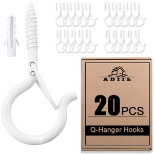 ADIIL 20 PCS Q Hanger Hooks with Safety Buckle, Windproof Screw Hooks for Hanging Outdoor String Lights, Plants, Christmas Patio Lights, 2.2 Inches, White