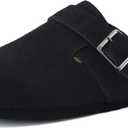 CUSHIONAIRE Hugo Genuine Leather Suede Clogs for Men Comfortable Slip On Shoes with Adjustable Buckle, Closed Toe Mens Slides (Black, 12M)