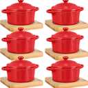 Mimorou 6 Set 7 oz Ceramic Mini Cocotte Set with Lid and Wooden Base Pumpkin Bowl Set with Handle Ceramic Soup Bowls Baking Ramekins Round Casserole for Home Thanksgiving Pumpkin Dish (Red)