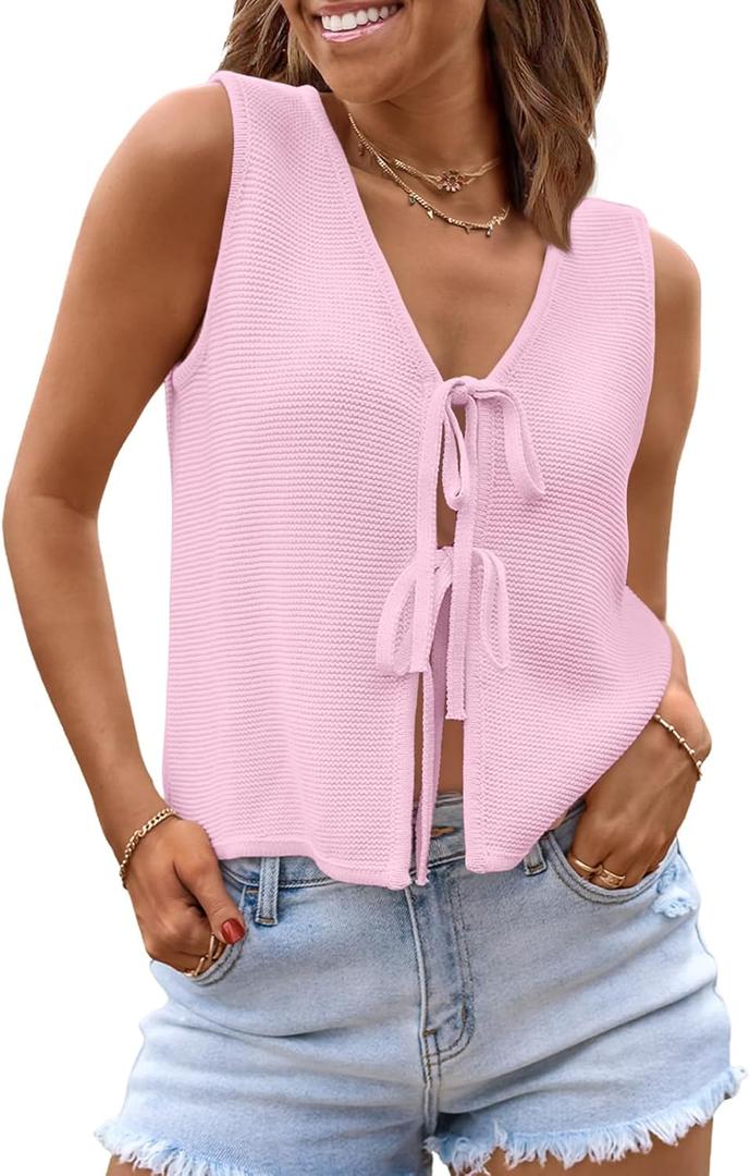 LILLUSORY Womens Crochet Tops Ladies Summer Vacation Outfits Beach Fashion Tank Y2K 2025 Cute Clothes Tie Front Sweater Vest (Medium, Pink) LILLUSORY Womens Crochet Tops Ladies Summer Vacation Outfits Beach Fashion Tank Y2K 2025 Cute Clothes Tie Front Sweater Vest (Medium, Pink)
