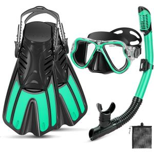 Snorkeling Gear for Adults, 4 in 1 Adult Snorkel Set with Panoramic View Snorkel Mask, Dry Top Snorkel, Adjustable Short Fins and Travel Bag, Snorkel Set with Fins for Snorkeling Diving (Turquoise Blue)