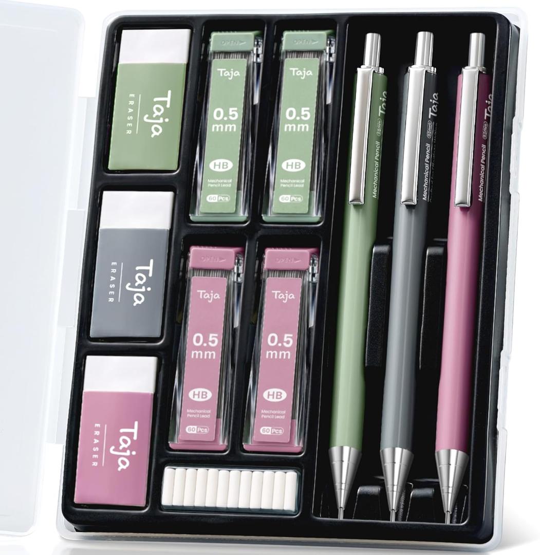 Taja Aesthetic 0.5mm Mechanical Pencil Set with Case  3 Vintage Mechanical Pencils, 4 Tubes HB #2 Lead Refills, 3 Erasers & 12 Eraser Refills, Cute Pencil Kit for Back to School Stationery Supplies