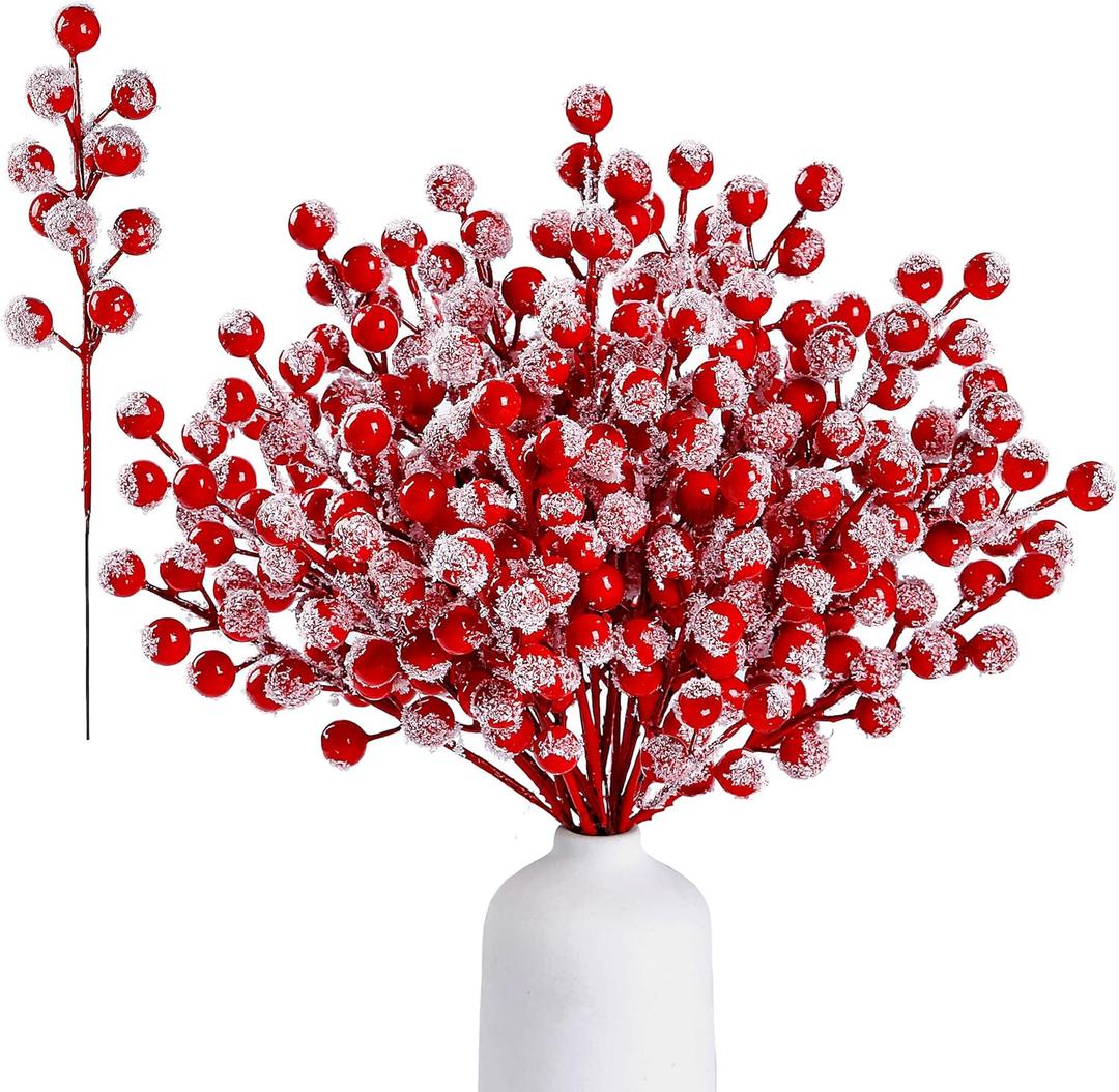 Sggvecsy 30 Pack Snow Frosted Artificial Red Berry Stems 8.9inch Snowy Christmas Red Spray Picks Holly Berry Branches for Christmas Tree Decoration Holiday DIY Crafts Xmas Ornaments Home Decor (Red)