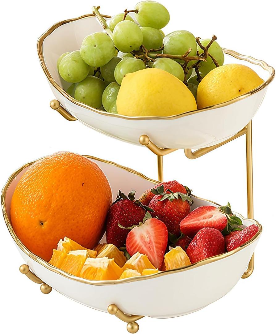 2 Tier Ceramic Fruit Bowl for Kitchen Counter, Tiered Fruit Basket for Countertop, Modern Multi Layer Fruit Display Stand for Party, Cute (Gold&White, Small) 1
