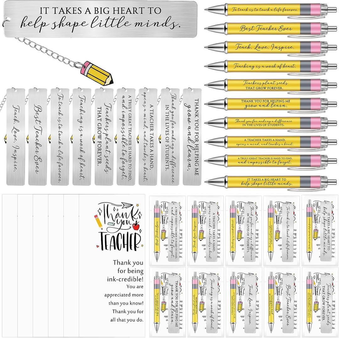 MotiMind 10 Sets Teacher Appreciation Gifts Ballpoint Pens Bookmark with Pencil Pendent Cards Back to School Thank You Teacher Gift, 10 Styles
