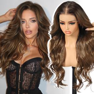 KOME Ash Brown Highlight Synthetic Lace Front Wig,136 Balayage Curly Meshless Glueless Wigs for Women