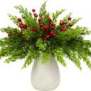 45 Pcs Christmas Artificial Pine Branches with Red Berry Stems 13" Faux Evergreen Norfolk Pine Cypress Leaves Stems Fake Foliage Pine Needles Picks for DIY Craft Garland Indoor Home Decor