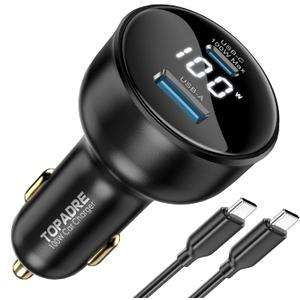 100W USB C Fast Car Charger with Display, PD3.0+QC Type C Car Charger Adapter with 100W USB C Fast Cable, Fast Charging for Laptops, MacBook Pro, iPad, iPhone 16/15/Pro Max, Galaxy S24/S23 Ultra Etc.