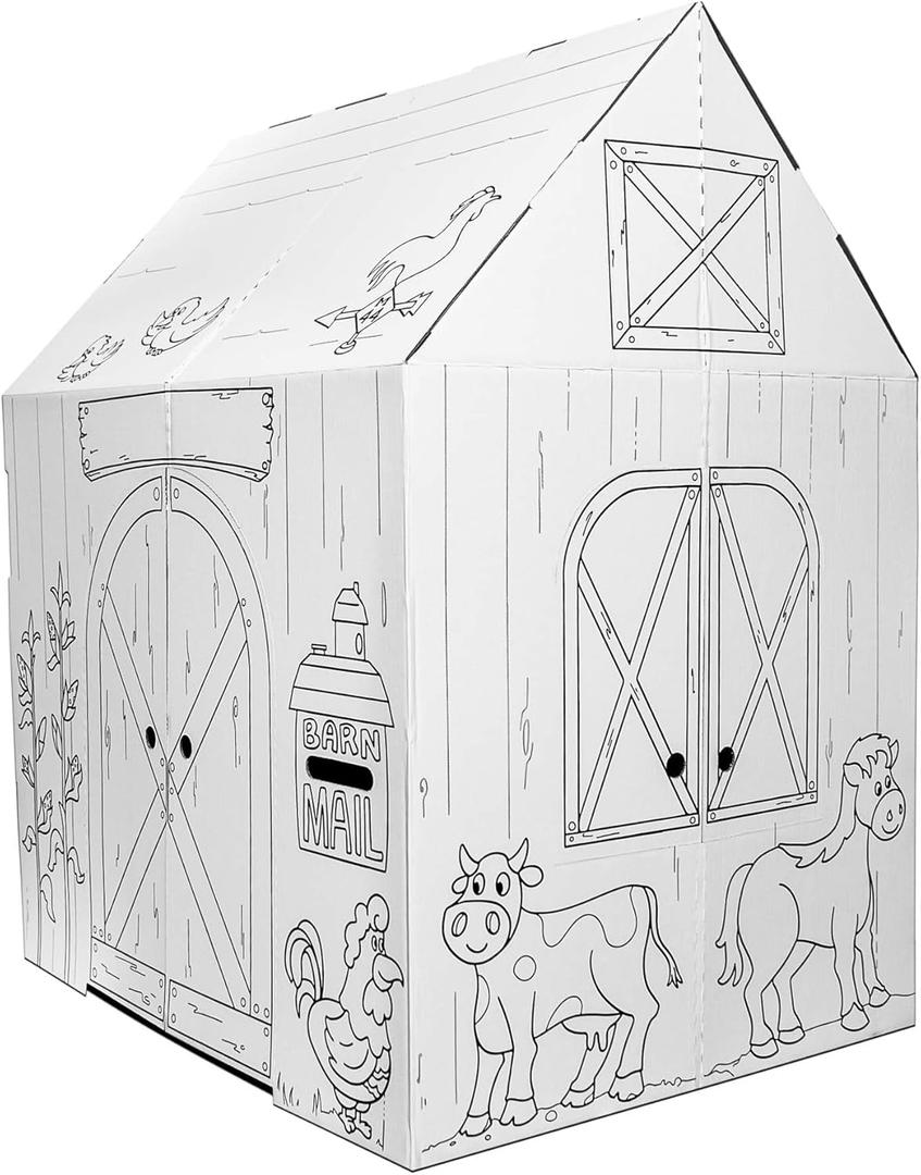 Easy Playhouse Cardboard Barn, Kids Art & Craft Activity, 32"x26"x40" Fort