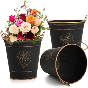 AVLA 3 Pack Galvanized Bucket, Rustic Farmhouse Metal Flower Vase, Vintage Plant Pot, Decorative Tin Pails with Handles for Wedding Decorations, Centerpieces, Home Decor, Garden Planter, 5.7 Inch