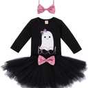 Baby Girls 1st Halloween Pumpkin Ghost Costume Long Sleeve Romper & Tutu Skrit & Headband Outfit Photo Shoot Set (12-18 Months)
