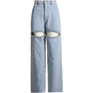 Cut Out Jeans for Women Straight Leg High Waisted Ripped Rhinestone Pearl Beaded Denim Pants (X-Large, Light Blue)