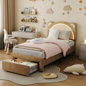 IDEALHOUSE Twin Size Bed Frame for Kids with LED Lights, Storage Drawers & Adjustable Headboard, Cute Bear Design, Soft Velvet Fabric, Solid Wood Slat Support, Noise-Free, Easy Assembly, Brown