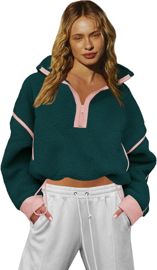 LAMISSCHE Half Zip Sweatshirt Women Oversized Sherpa Jacket V Neck Fleece Pullover Hoodie with Pockets (Medium, Dark Green)