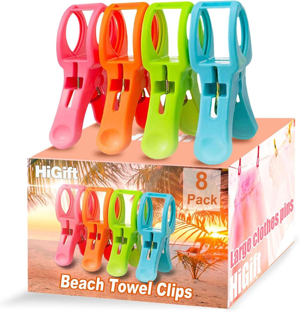 8 Pack Beach Towel Clips for Beach Chairs, 4-1/2 Inch Large Pool Chair Clips for Towels-Cruise Essentials, Clothes Pins to Keep Towel from Blowing Away, Beach Accessories for Vacation Must Haves