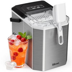 Silonn Ice Makers Countertop, Portable Stainless Steel Machine with Handle | 9 cubes/6min, 26lbs/day, 1.2L water tank, self-clean, low-noise, compact