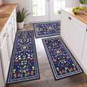 Blue Peacock Kitchen Rug Sets 3 Piece, Vintage Floral Bird Washable Kitchen Mats for Floor Non Slip Durable Kitchen Floor Mat Carpet Runner Rugs for Hallway Laundry Room (20"x32"+20"x47"+20"x59")