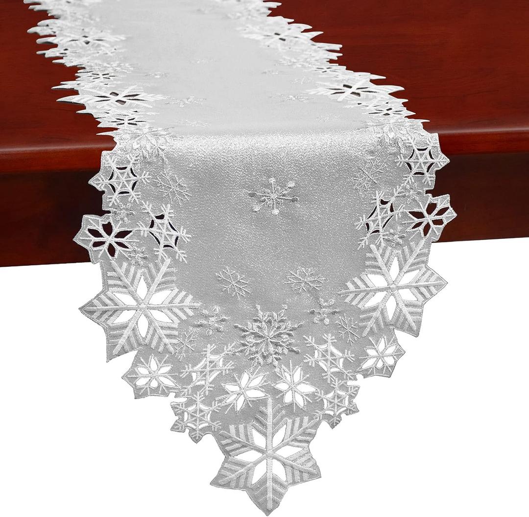 Simhomsen Embroidered Silver Snowflakes Table Runners for Christmas Holiday and Winter (Silver, 1490 inches)