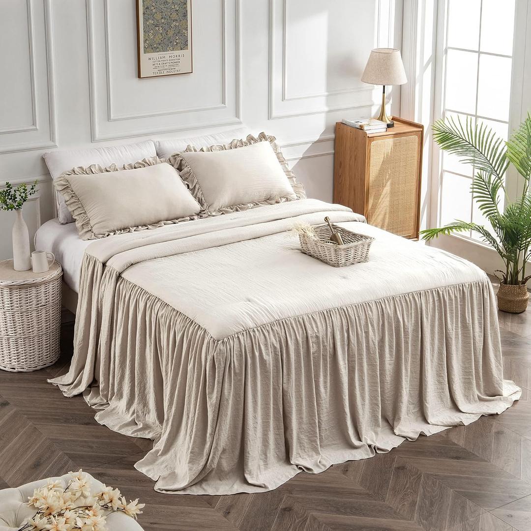 Bonlino Home Bedding Bedspread Set Quilt - Farmhouse Bedspread Summer Coverlet Bed Spreads, Lightweight Quilt Chic Vintage Bedding Ruffle Skirt Bedroom Rustic with 2 Pillow Shams (Queen, Wheat Yellow), size 60×80+30