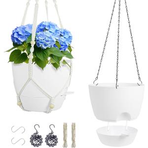 Meowell 10 inch Self Watering Hanging Planters, 2 Pack Hanging Flower Pots for Indoor Outdoor Plants, Hanging Baskets with Drainage Holes & 2 Kinds of Plant Hangers for Garden Home Decor, White