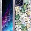 Omorro Compatible with iPhone 14 Pro Max Bling Case Luxury Glitter Rhinestone Diamond Crystal Sparkle Rose Flower Pearl Floral Soft Bumper Protective Case Cover for Women Girls Green