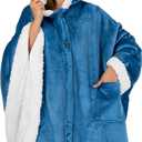 PAVILIA Hooded Blanket Poncho, Women Sherpa Fleece Shawl Wrap with Hood, Wearable Blanket Cozy Warm Poncho Cape Throw with Pockets, Gift for Elderly Mom, Turquoise Sea Blue
