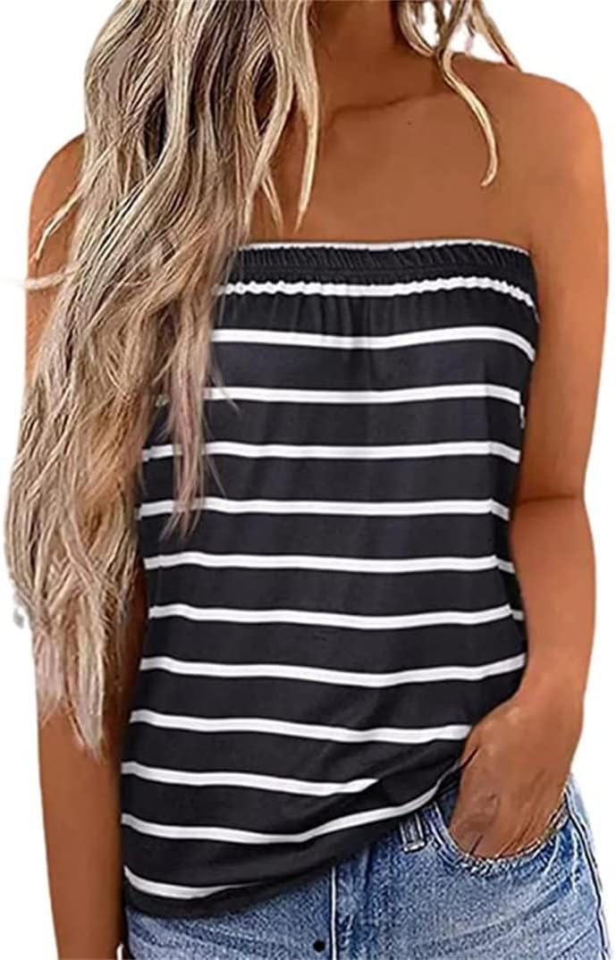 Women Striped Strapless Bandeau Tank Tube Tops Summer Backless Shirts (Black)