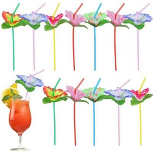 Healifty Hawaiian Flower Bendable Straws with Paper Umbrella, 20Pcs Tropical Luau Party Decor for Drinks, Disposable Plastic Summer Beach Pool Bar Favors 9.45 Inch