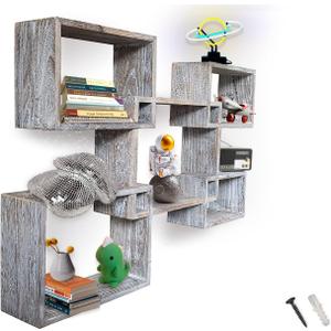 Comfify Rustic Wall Mounted Square Shaped Floating Shelves  Set of 5 Square Shelves for Bathroom, Bedroom, Living Room & More  Wall Decor Display for Home - Distressed White