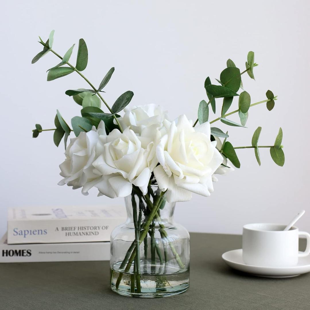 14" Artificial Flowers with White Roses in Vase, Fake Flowers in Artificial Water Vase, Silk Flower Arrangements in Vase with Artificial Flowers for Home Dining Table Decor. (White Faux Rose Flowers in Vase)