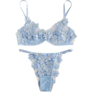Floerns Women's Sexy Applique Lace Underwire Bra Top and Thong Lingerie Set (Blue, L)