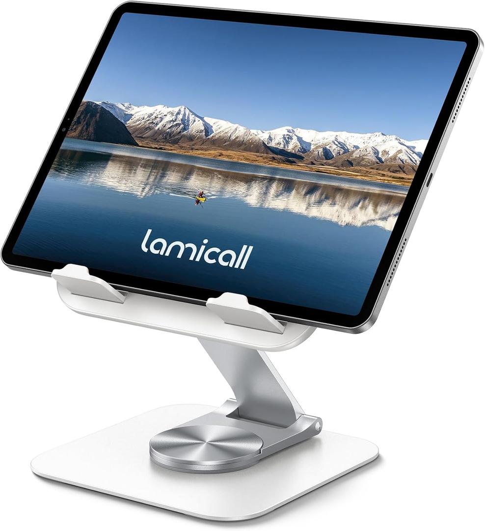 Lamicall Tablet Stand Holder for Desk - [Ultra-Slim Foldable][360Rotation] iPad Holder Stand, 360 Rotatable Desktop Tablet Holder, Tablets Accessories for 4.7-13" iPad, Switch, Phone (White)