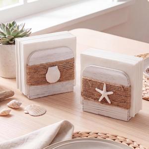 2 Pack Coastal Natural Napkin Holder for Table, Beach Theme White Wooden Napkin Holders Tissue Dispenser for Table Kitchen Dining Coastal Room Home Decor